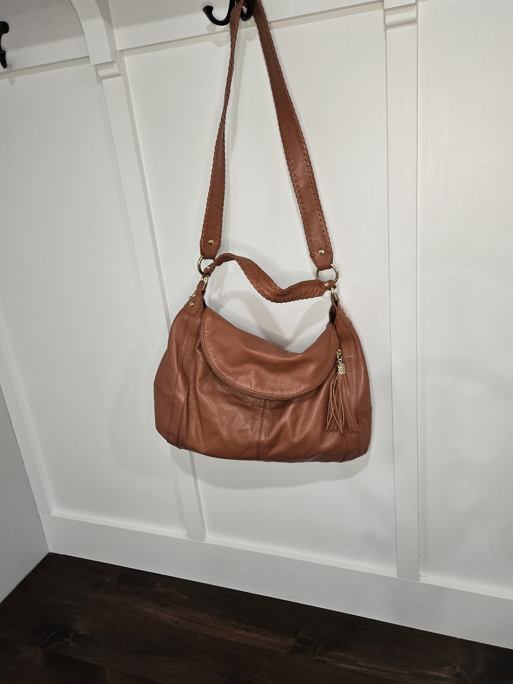 Genuine Leather Tassel Shoulder Hobo Bag in Cognac Tan - Picture 2 of 9